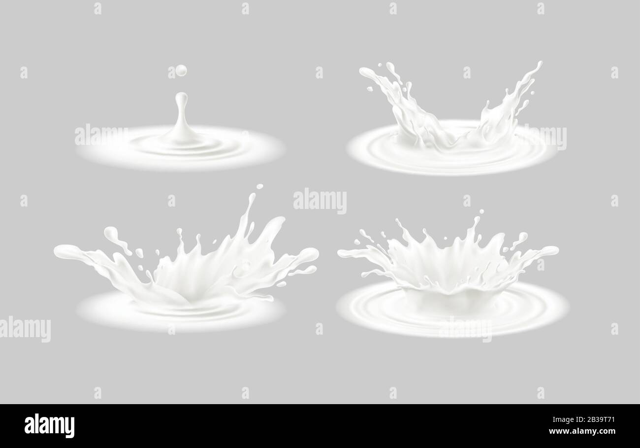 Set di schizzi realistici di latte isolato su sfondo grigio. Corona liquida bianca Realistica 3D. Illustrazione del vettore Illustrazione Vettoriale
