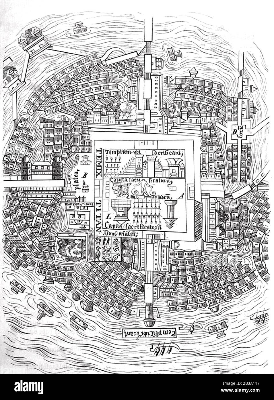 Hernan CORTES (1485-1547) mappa della città di Tenochtitlan, Messico Foto Stock