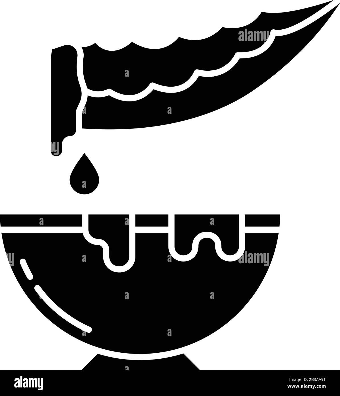 Pianta estratto icona glifo nero. Tagliare la spina alle erbe medicinali con la ciotola. Foglia di aloe vera a fette con vasetto. Dermatologia e sana cura della pelle. Silhouette Illustrazione Vettoriale