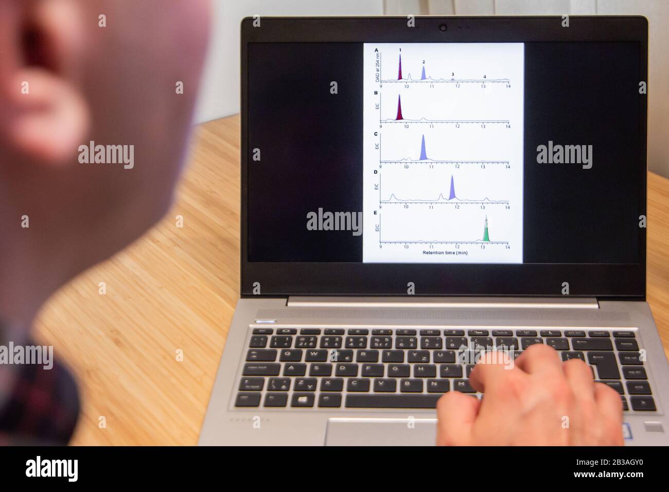 I cromatogrammi vengono analizzati da un chimico sul laptop. Lo scienziato ha utilizzato il software del computer. Il nuovo prodotto viene testato dallo specialista IT. San Francisco Foto Stock