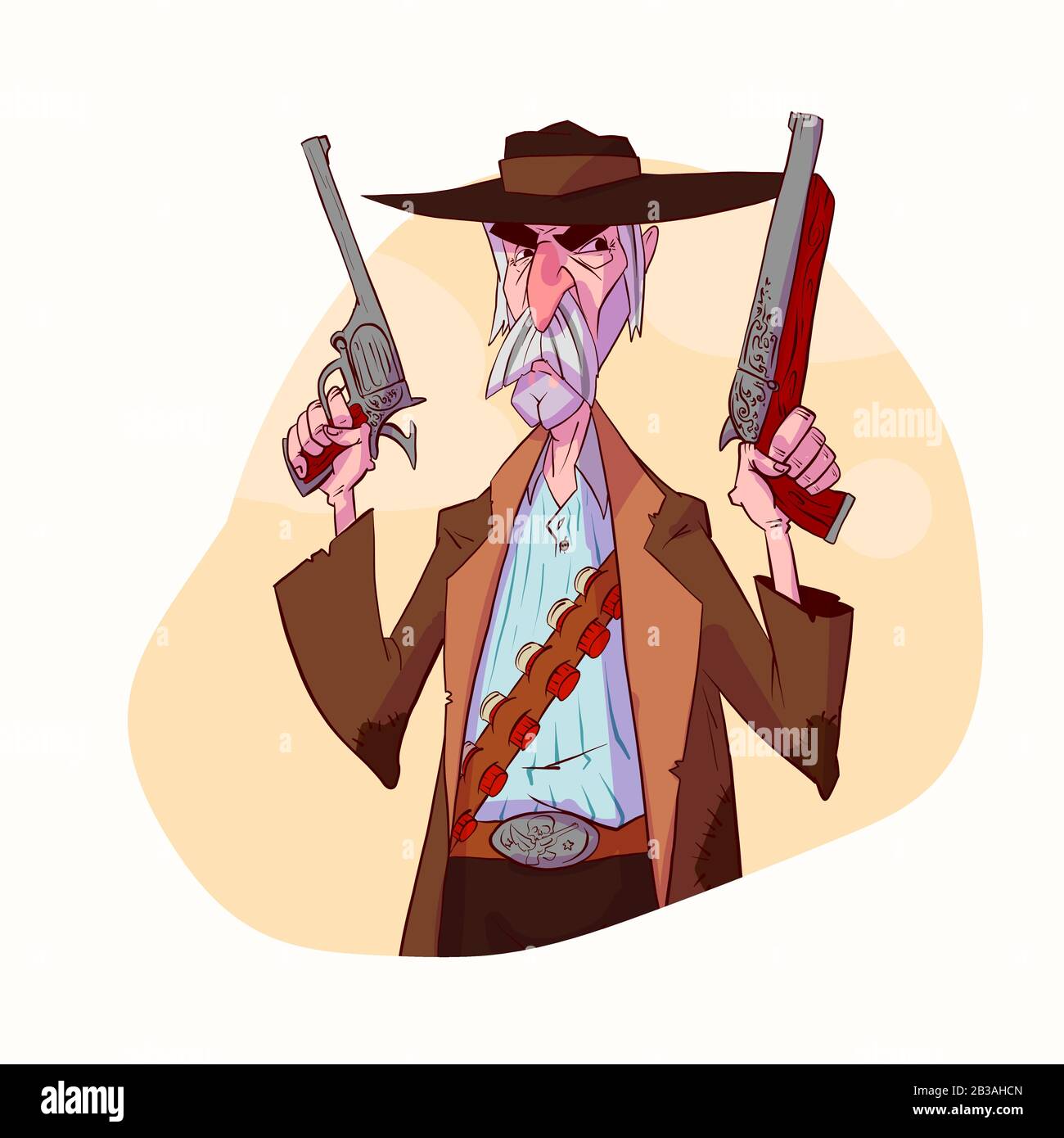 Immagine vettoriale colorata di un cacciatore di cartoni animati, cowboy o un fuorilegge. Illustrazione Vettoriale