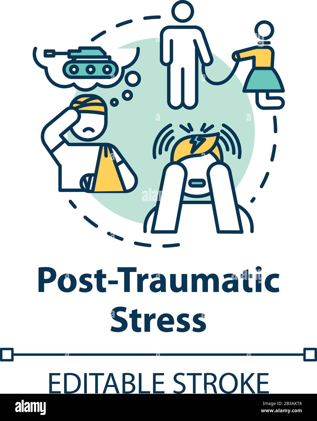 Icona del concetto di stress post traumatico. PTSD. Ricordi spaventosi. Malattia mentale. Psicologia, idea psichiatria sottile linea illustrazione. Vettore isolato Illustrazione Vettoriale