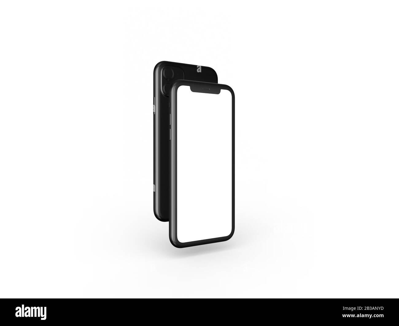 Smartphone in prospettiva - mockup lato anteriore con schermo bianco e retro con fotocamera. I dispositivi mobili sono uno dietro l'altro. Isolato su backgro bianco Foto Stock