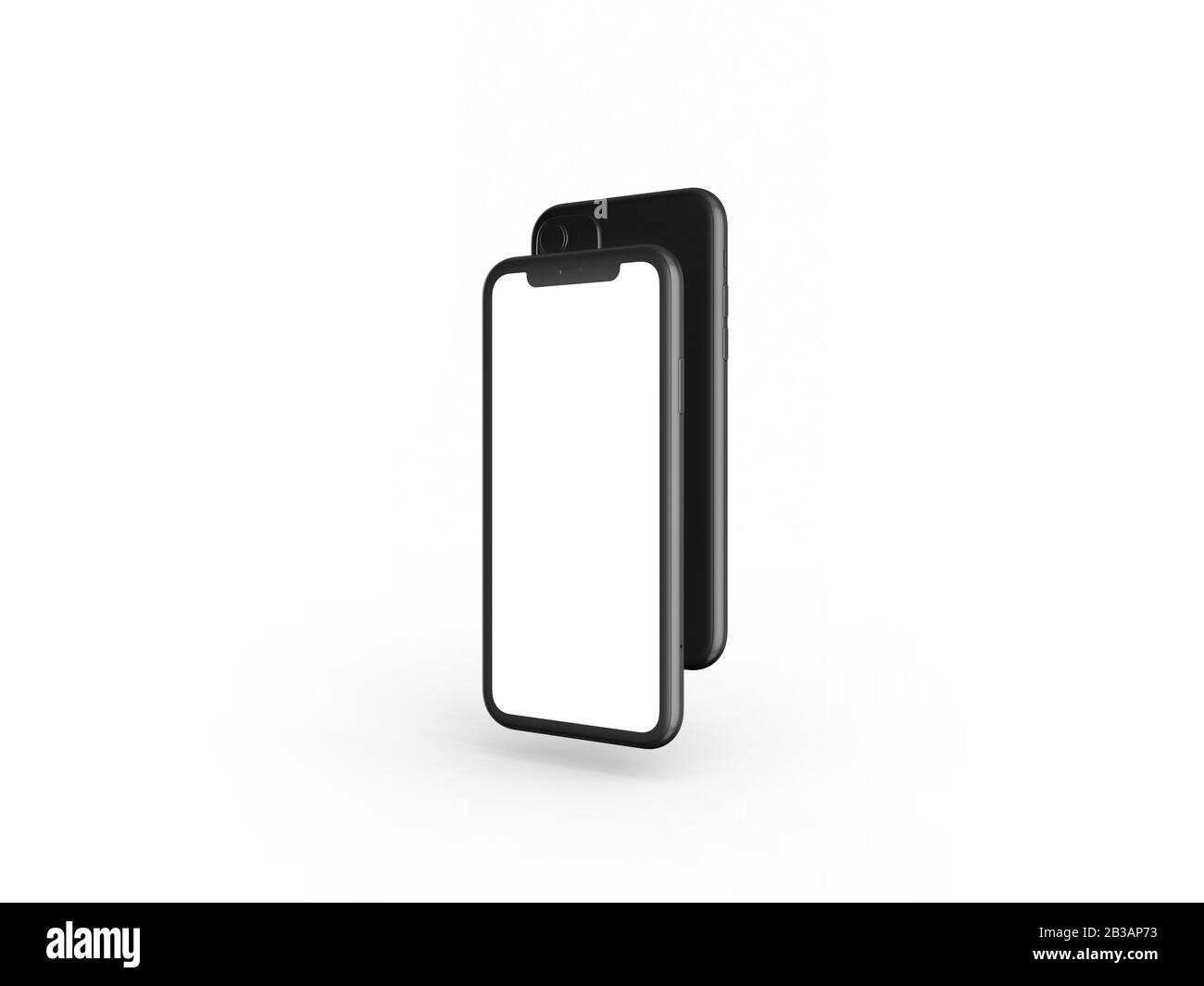Smartphone in prospettiva - mockup lato anteriore con schermo bianco e retro con fotocamera. I dispositivi mobili sono uno dietro l'altro. Isolato su backgro bianco Foto Stock