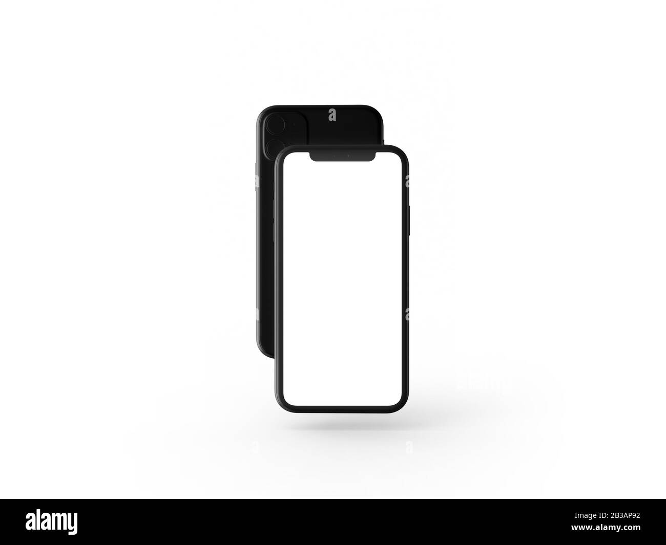 Smartphone in prospettiva - mockup lato anteriore con schermo bianco e retro con fotocamera. I dispositivi mobili sono uno dietro l'altro. Isolato su backgro bianco Foto Stock