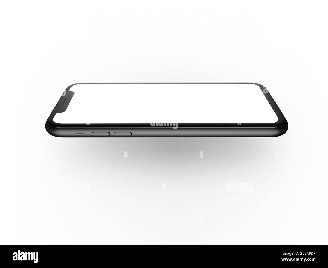 Smartphone in prospettiva - mockup lato anteriore con schermo bianco e retro con fotocamera. I dispositivi mobili sono uno dietro l'altro. Isolato su backgrou bianco Foto Stock