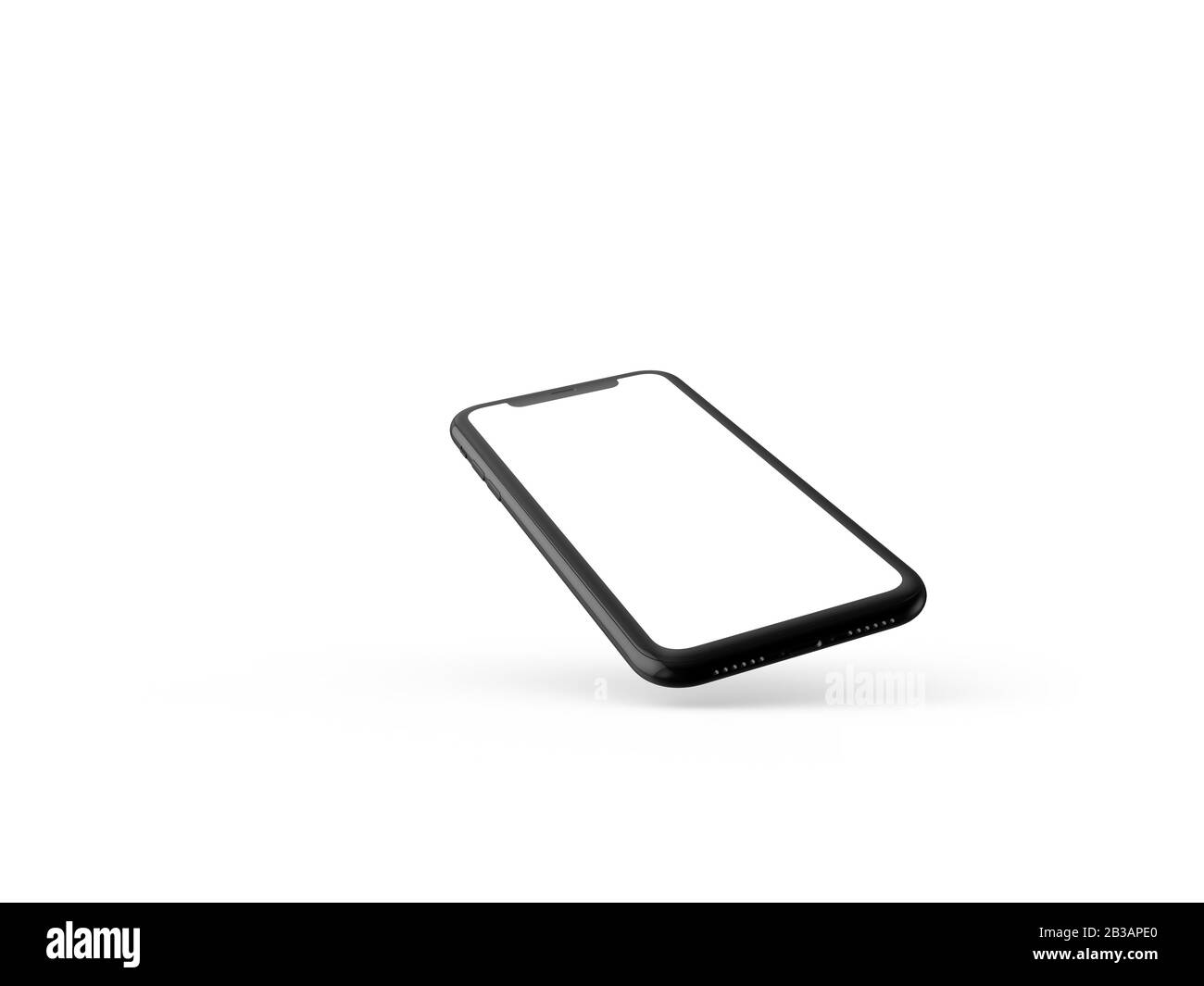 Smartphone in prospettiva - mockup lato anteriore con schermo bianco e retro con fotocamera. I dispositivi mobili sono uno dietro l'altro. Isolato su backgrou bianco Foto Stock