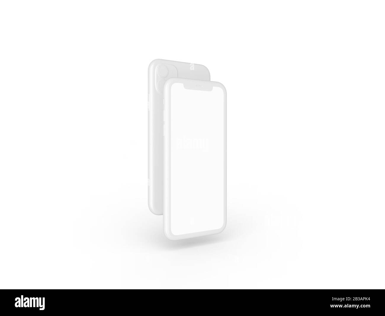 Smartphone in prospettiva - mockup lato anteriore con schermo bianco e retro con fotocamera. I dispositivi mobili sono uno dietro l'altro. Isolato su backgrou bianco Foto Stock