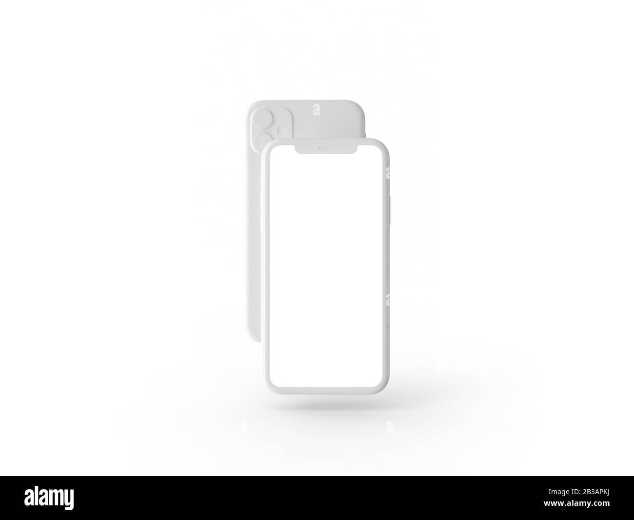 Smartphone in prospettiva - mockup lato anteriore con schermo bianco e retro con fotocamera. I dispositivi mobili sono uno dietro l'altro. Isolato su backgro bianco Foto Stock