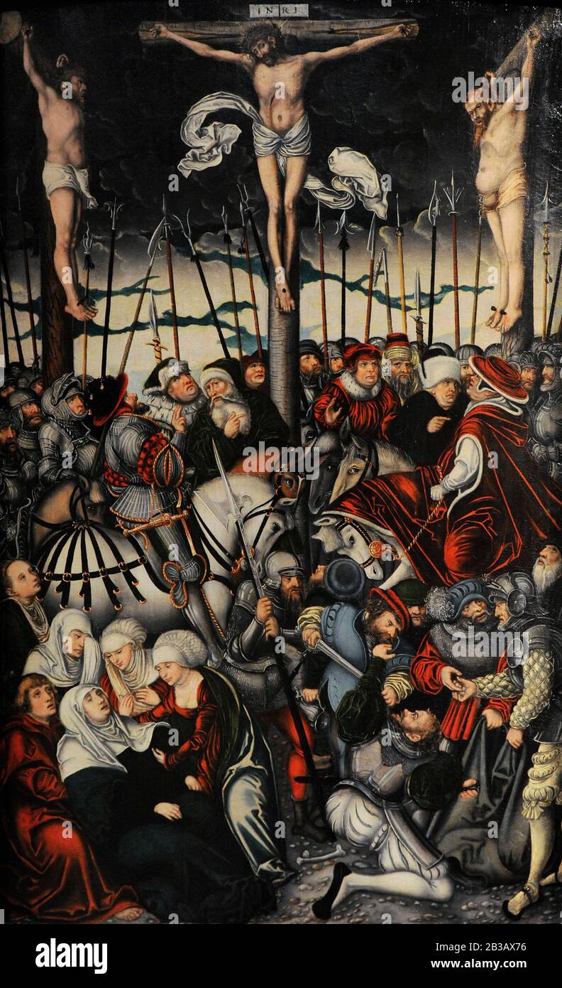 Lucas Cranach Il Vecchio (1472-1553). Pittore tedesco. Il Calvario, prima metà del 16th secolo. Museo Lazaro Galdiano. Madrid. Spagna. Foto Stock
