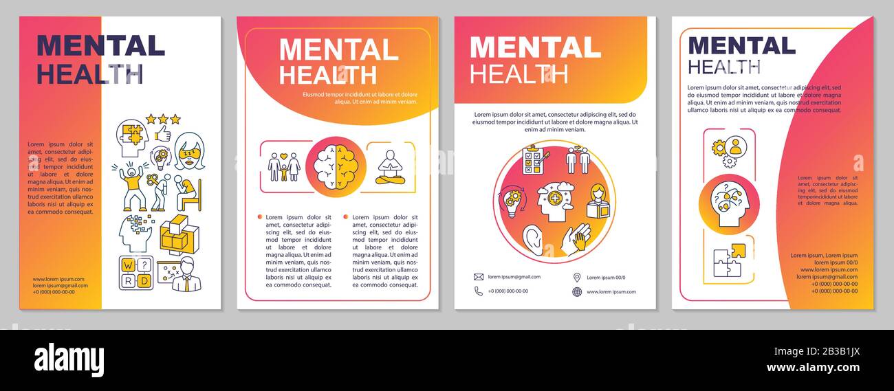 Modello di brochure sulla salute mentale. Volantino psichiatria, opuscolo, stampa dépliant, copertina con icone lineari. Benessere psicologico. Layout vettoriali per Illustrazione Vettoriale