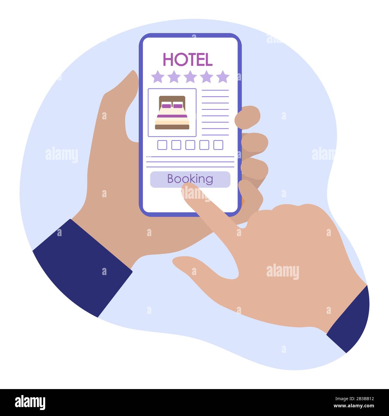 Vector Illustration prenotazione e pagamento online per alloggio in hotel Persone hands smartphone Travel Summer Time, concetto di vacanza per viaggi online A. Illustrazione Vettoriale