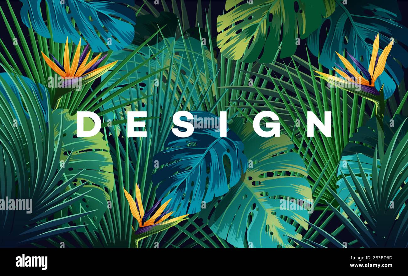 Luminoso sfondo tropicale con piante della giungla. Motivi esotici con foglie di palma. Illustrazione Vettoriale