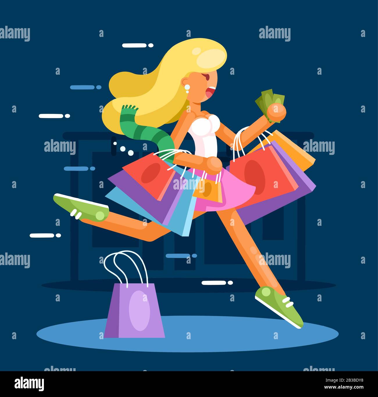 Donna felice con borse di shopping sbrigati per fare acquisti. Illustrazione in stile piatto Illustrazione Vettoriale
