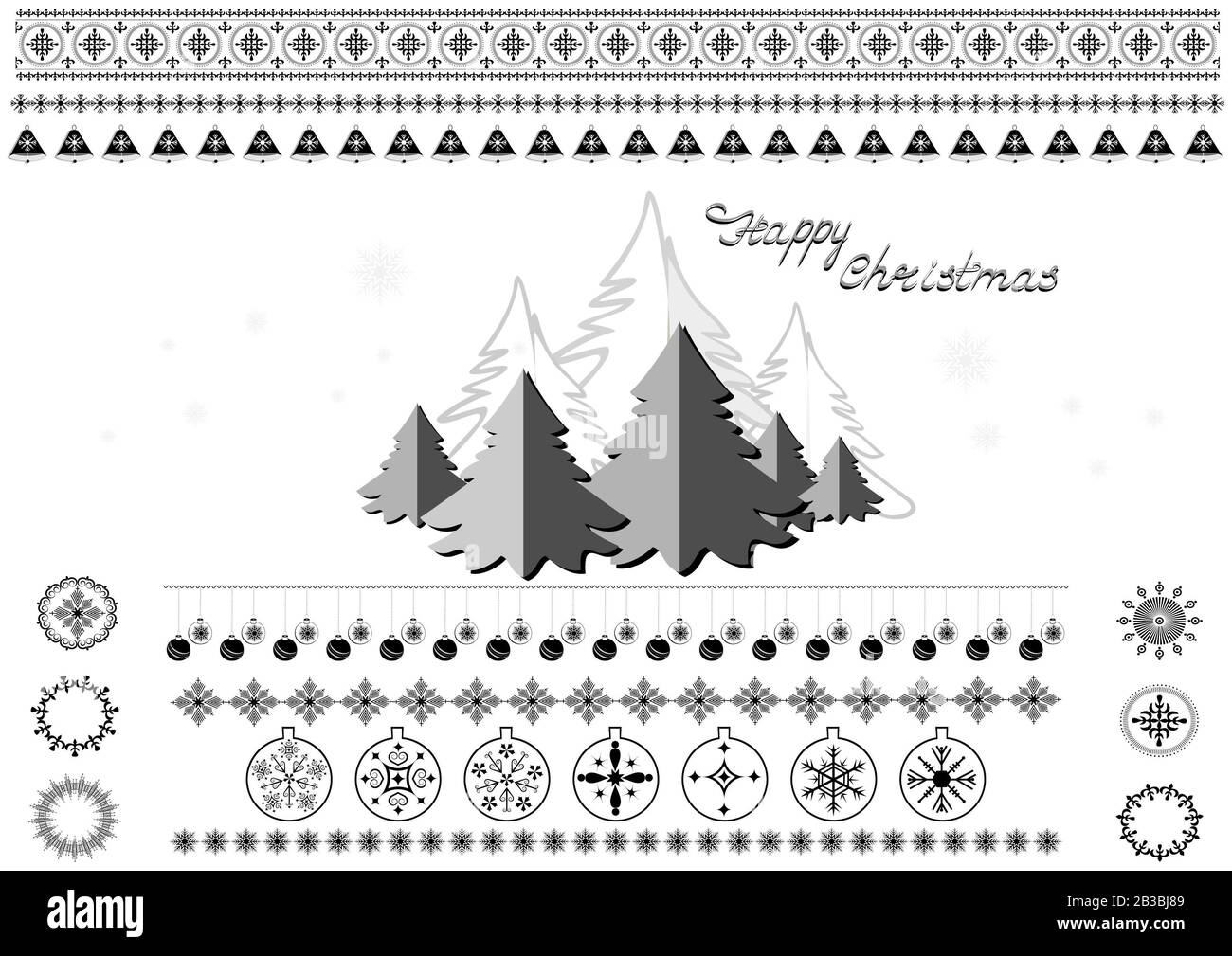 Sfondo bianco con set di simboli di Natale, i fiocchi di neve, alberi di Natale, frontiere, ghirlande e saluti Foto Stock