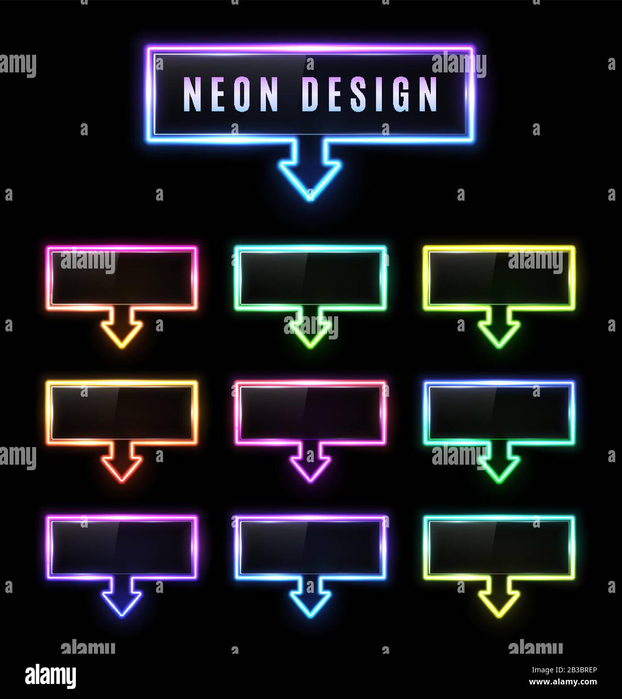 Puntatore a freccia rettangolare neon impostato con gradiente di colore su sfondo nero. Simbolo delle frecce luminose. Struttura luminosa luminosa con plat in plastica lucida Illustrazione Vettoriale