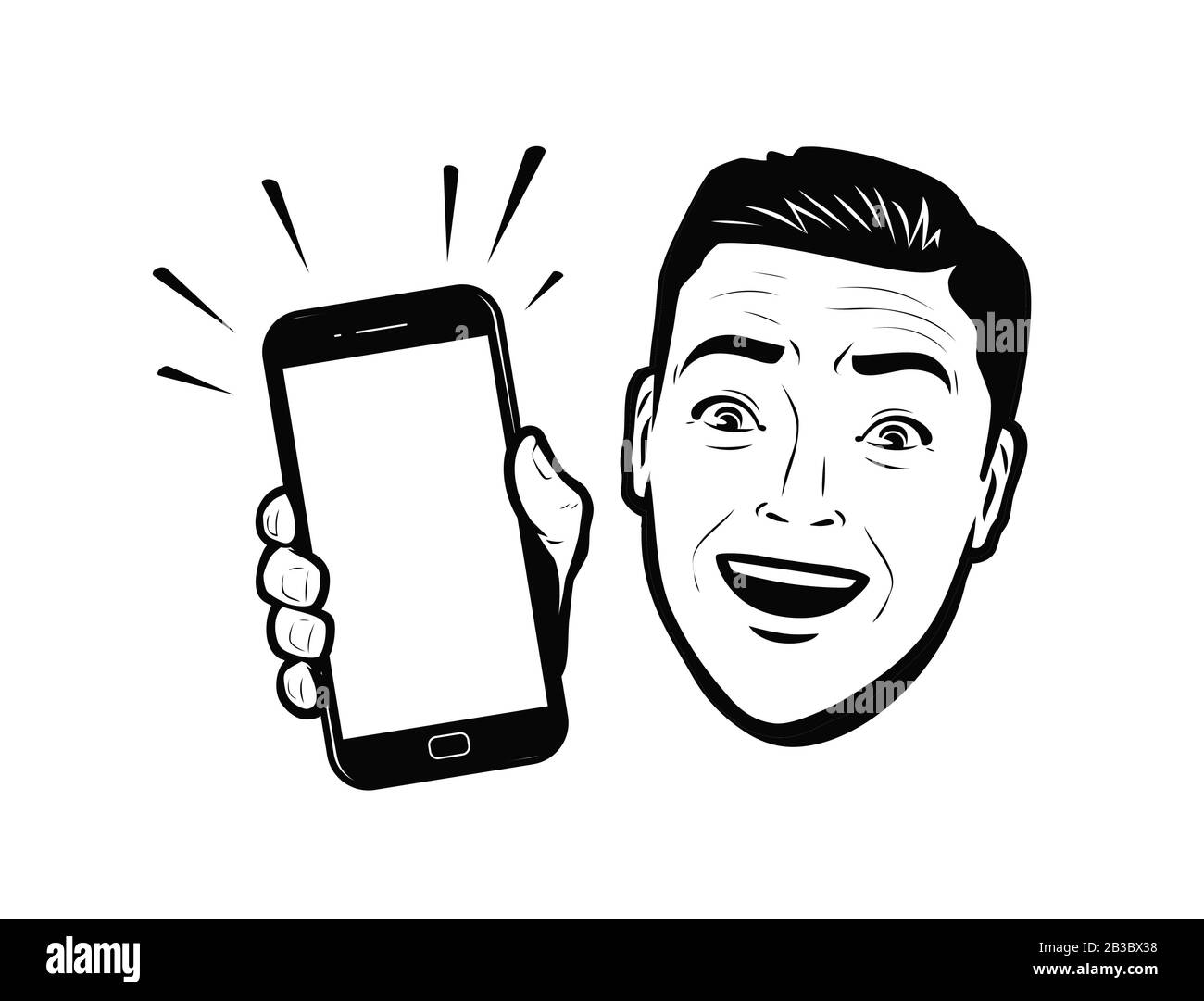 Uomo d'affari con smartphone in mano. Grafica vettoriale pop art a fumetti rétro Illustrazione Vettoriale