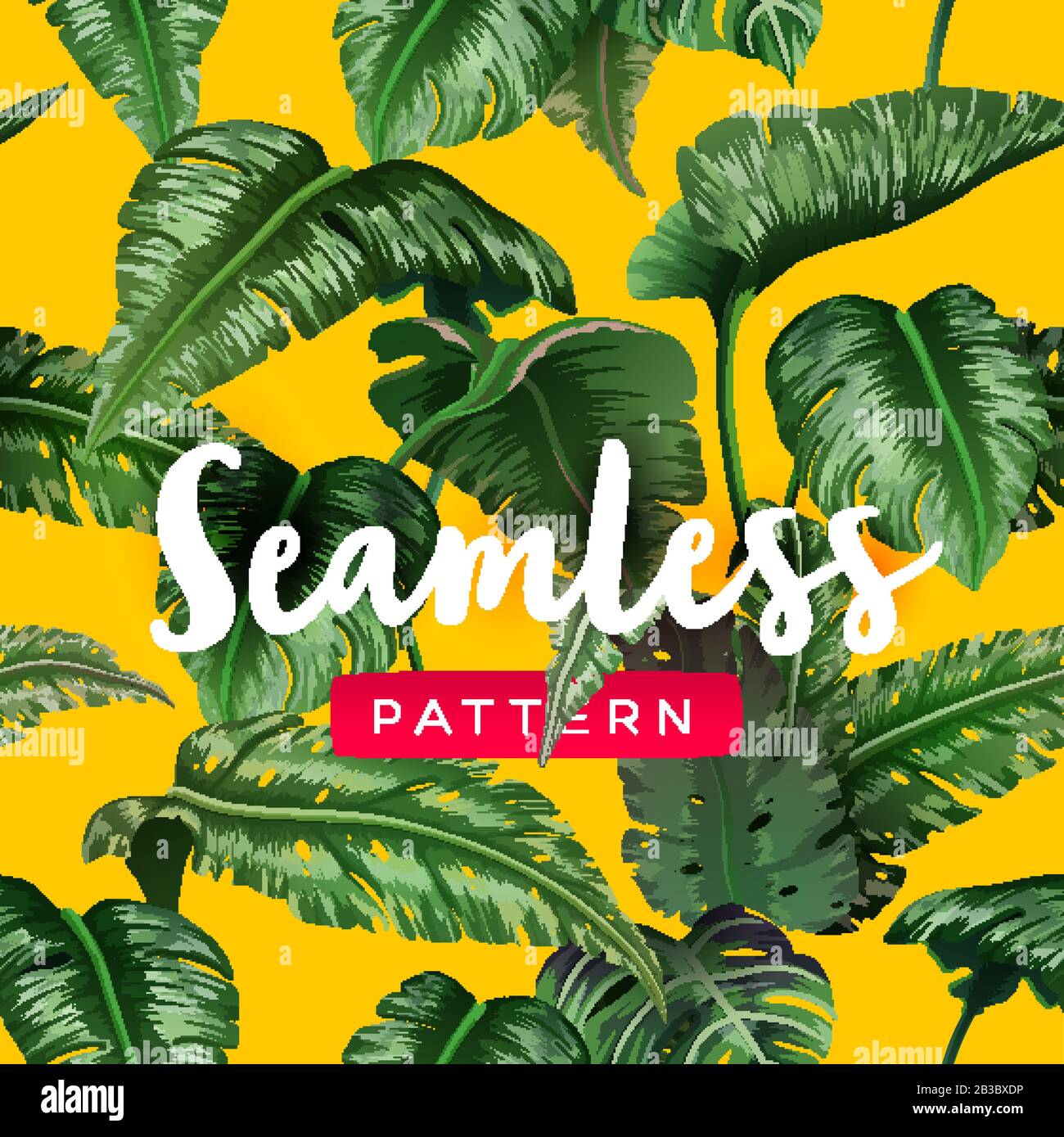 Luminoso motivo tropicale senza cuciture con piante della giungla. Sfondo esotico con foglie di palma Illustrazione Vettoriale