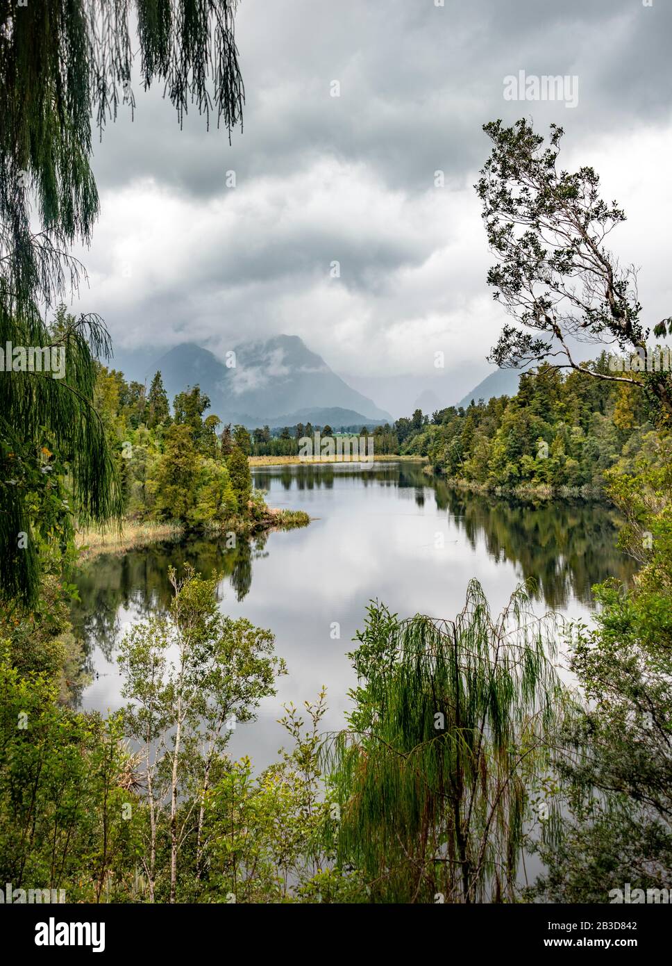 Vista Panoramica, Lago Matheson, Mount Cook National Park, Westland National Park, Alpi Della Nuova Zelanda, South Island, Nuova Zelanda Foto Stock