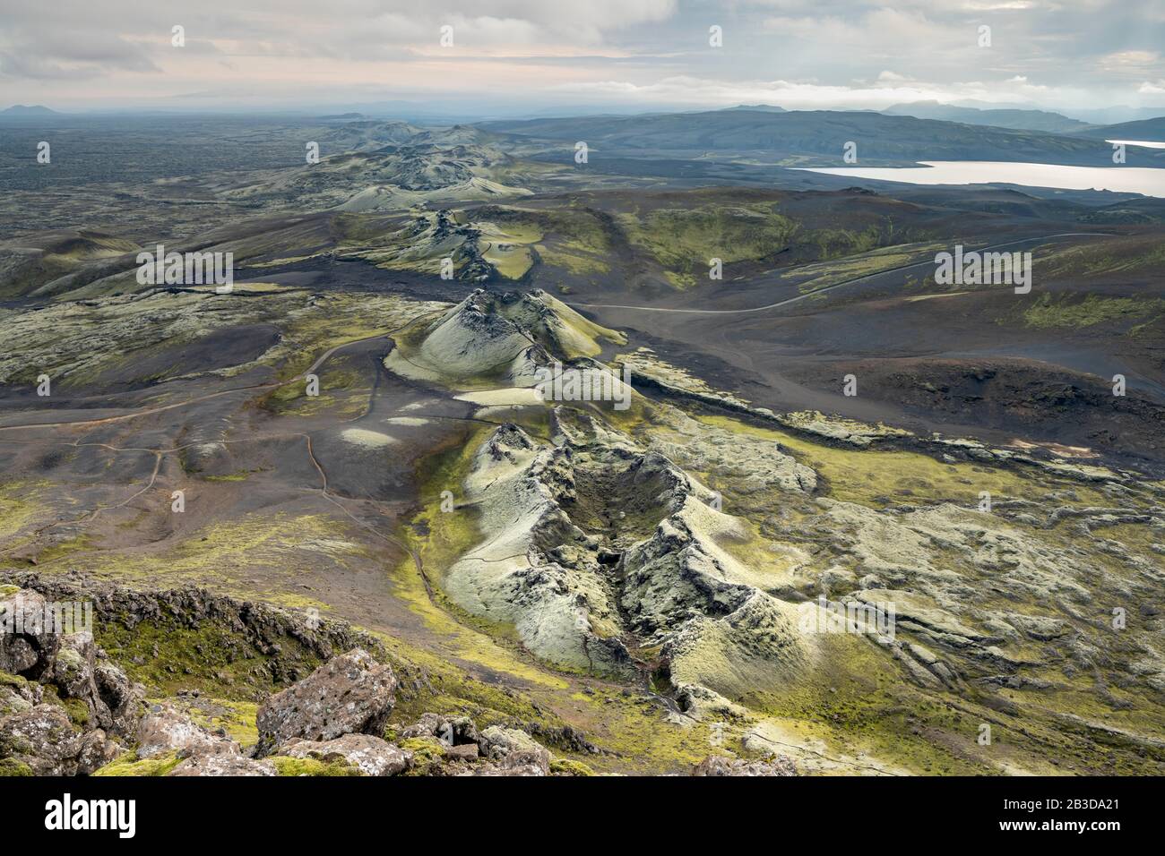 Veduta aerea, cratere di Laki, serie di cratere di Laki, fessura di eruzione, altopiani islandesi, Islanda meridionale, Islanda Foto Stock
