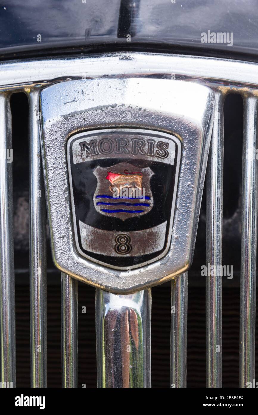 Logo auto Morris 8 vintage cromato lucido con logo smaltato montato sulla griglia frontale della calandra della classica vettura britannica al rally automobilistico di Oxfordshire. Foto Stock