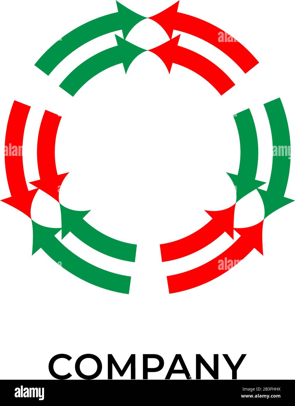 Due strati di frecce rosse e verdi che girano. Modello di logo. Concetto di logo riciclato isolato su sfondo bianco Illustrazione Vettoriale