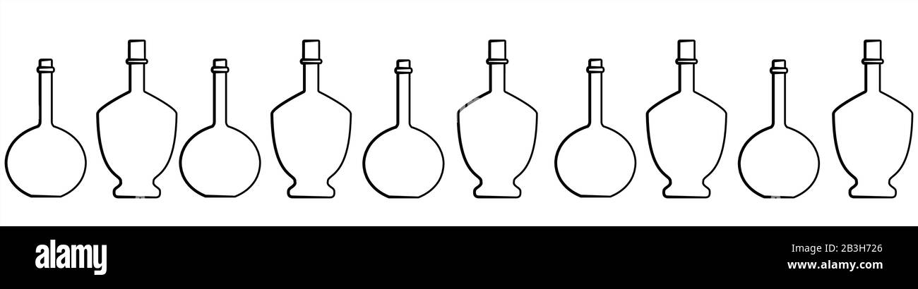 Modello Senza Cuciture Di Bottiglie Di Diverse Forme Con Collo Stretto. Bottiglie In Vetro Per Bevande Varie; Liquidi Diversi. Immagine Vettoriale Isolata Su Un Wh Illustrazione Vettoriale