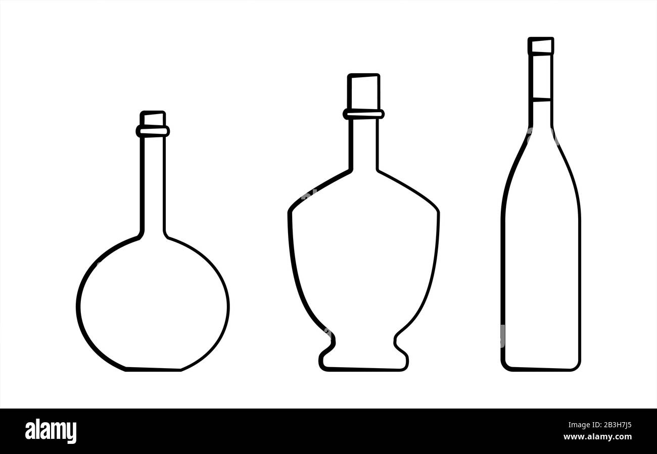 Set Di Bottiglie Di Diverse Forme Con Collo Stretto. Bottiglie In Vetro Per Bevande Varie; Liquidi Diversi. Immagine Vettoriale Isolata Su Un Backgroun Bianco Illustrazione Vettoriale