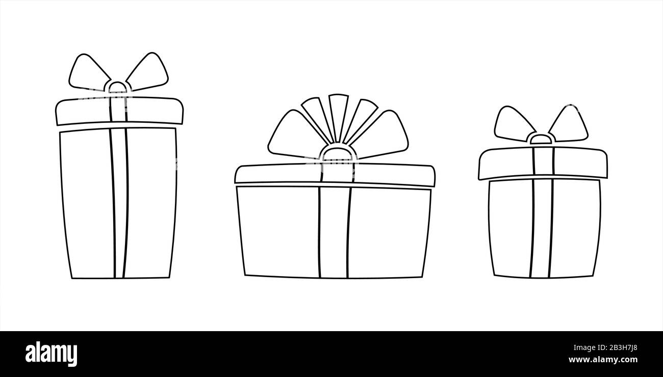 Scatole Con Regali Per Compleanno, Natale, Anno Nuovo. Confezione Regalo Per Le Feste. Set Di Scatole Regalo Divertenti. Immagine Vettoriale Contour Isolata Su Un Backgrou Bianco Illustrazione Vettoriale
