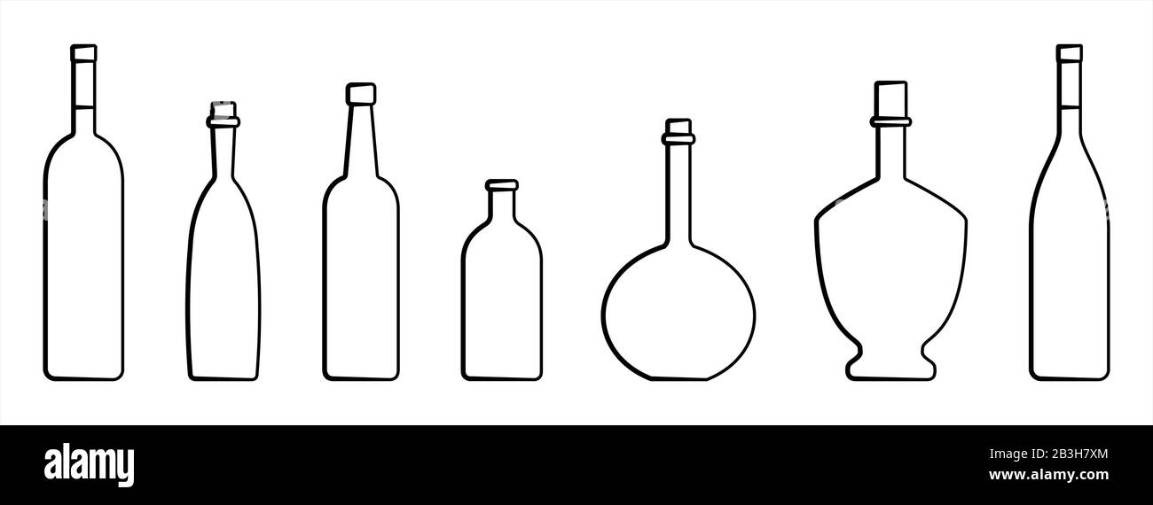 Set Di Bottiglie Di Diverse Forme Con Collo Stretto. Bottiglie In Vetro Per Bevande Varie; Liquidi Diversi. Immagine Vettoriale Isolata Su Un Backgroun Bianco Illustrazione Vettoriale