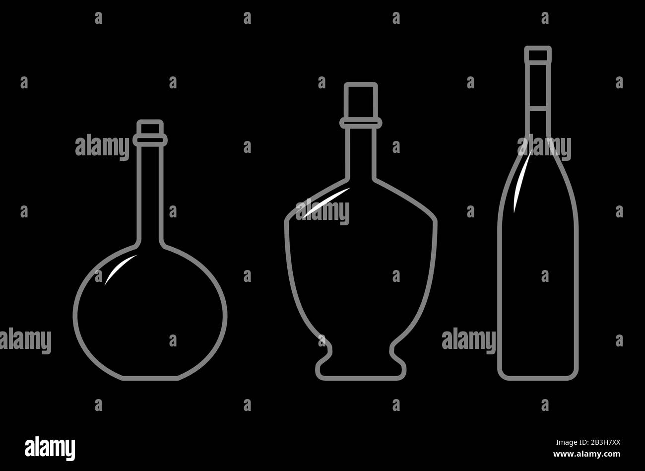 Set Di Bottiglie Di Diverse Forme Con Collo Stretto. Bottiglie In Vetro Per Bevande Varie; Liquidi Diversi. Immagine Vettoriale Su Sfondo Nero. Illustrazione Vettoriale