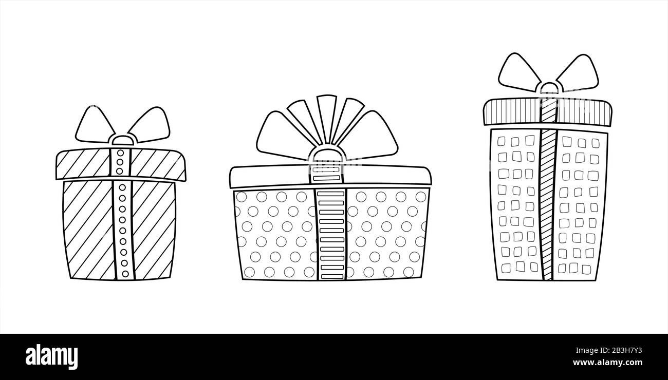 Scatole Con Regali Per Compleanno, Natale, Anno Nuovo. Confezione Regalo Per Le Feste. Set Di Scatole Regalo Divertenti. Immagine Vettoriale Contour Isolata Su Un Backgrou Bianco Illustrazione Vettoriale