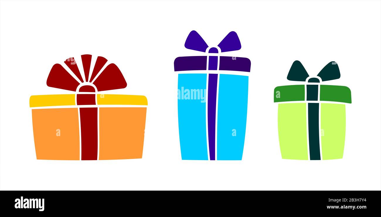 Scatole Multicolore Con Regali Per Compleanno, Natale, Capodanno. Confezione Regalo Per Le Feste. Set Di Scatole Regalo Divertenti. Immagine Vettoriale Isolata Su Un Ba Bianco Illustrazione Vettoriale