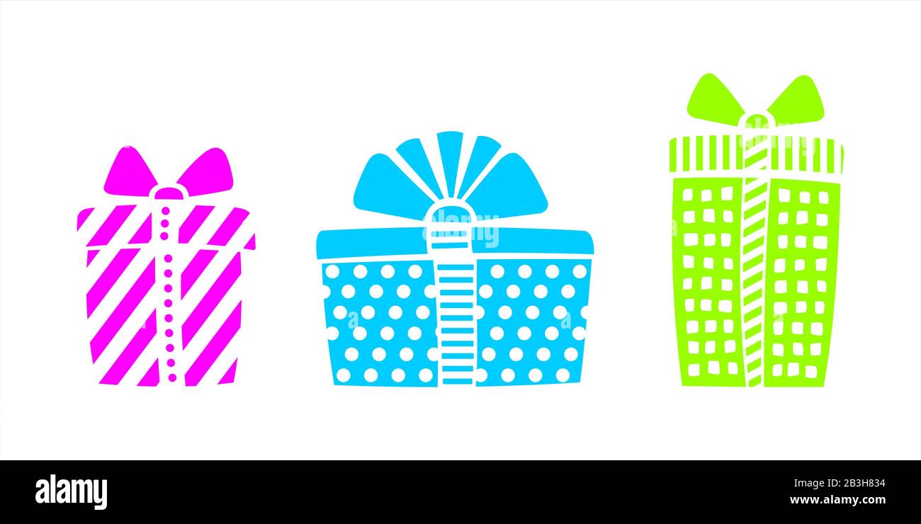 Scatole Multicolore Con Regali Per Compleanno, Natale, Capodanno. Confezione Regalo Per Le Feste. Set Di Scatole Regalo Divertenti. Immagine Vettoriale Isolata Su Un Ba Bianco Illustrazione Vettoriale