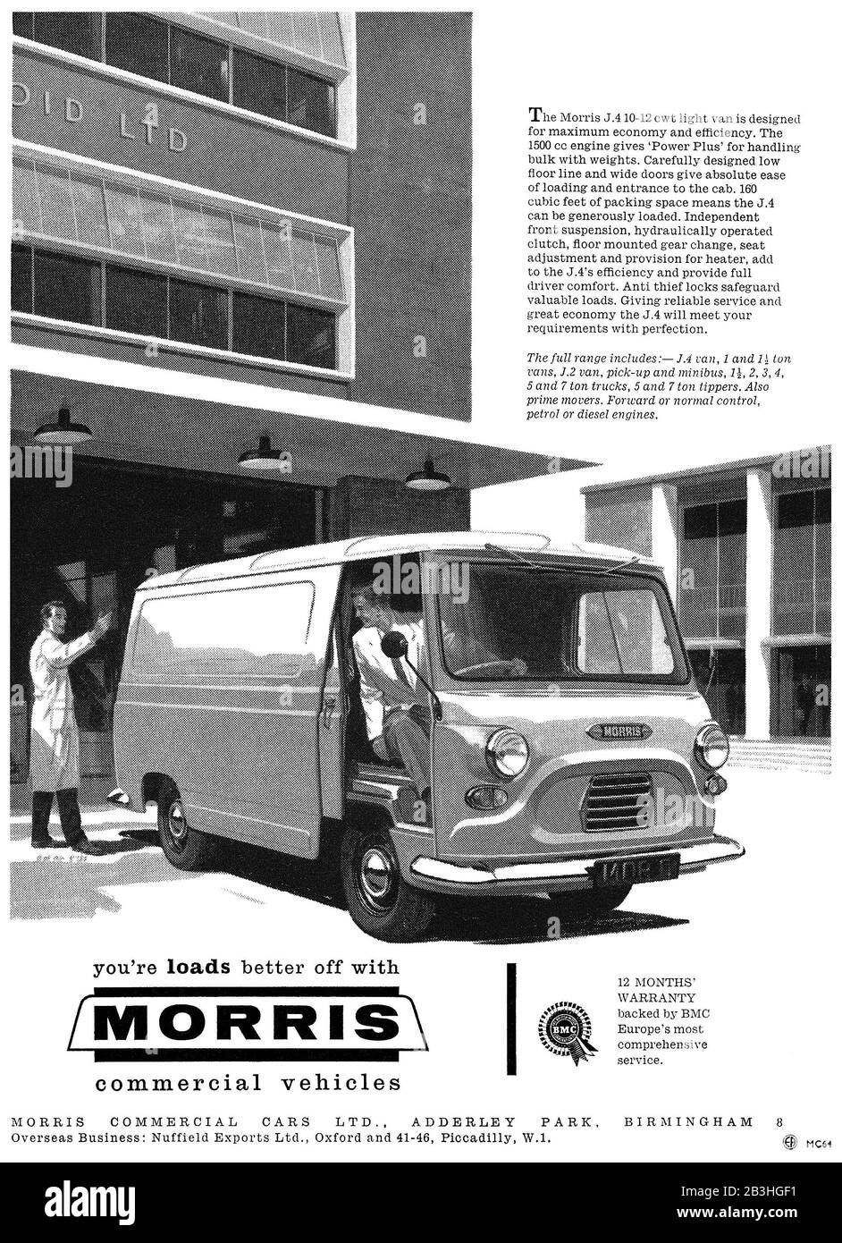1961 Pubblicità britannica per i veicoli commerciali Morris, con il furgone J.4. Foto Stock
