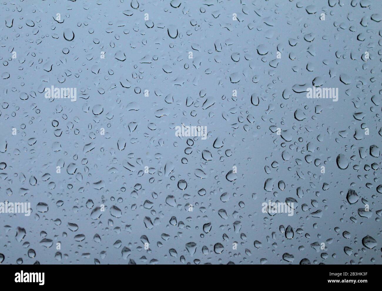 Gocce d'acqua sul vetro dopo la pioggia, foto panoramica. Stock foto per sfondo e sfondo, con spazio vuoto per testo e design Foto Stock