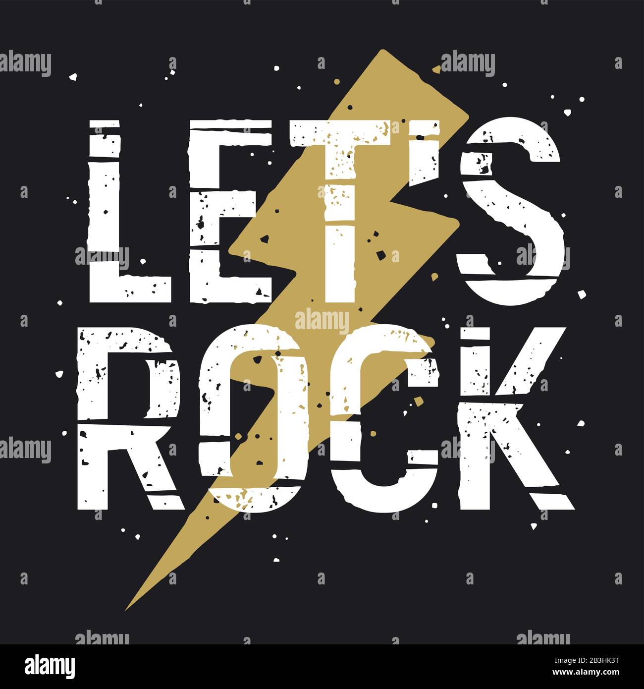 Rock musica slogan t-shirt grafica. Concetto di design grafico a T. Illustrazione vettoriale con fulmine e slogan alla moda sul tema della musica. Grunge texture on Illustrazione Vettoriale