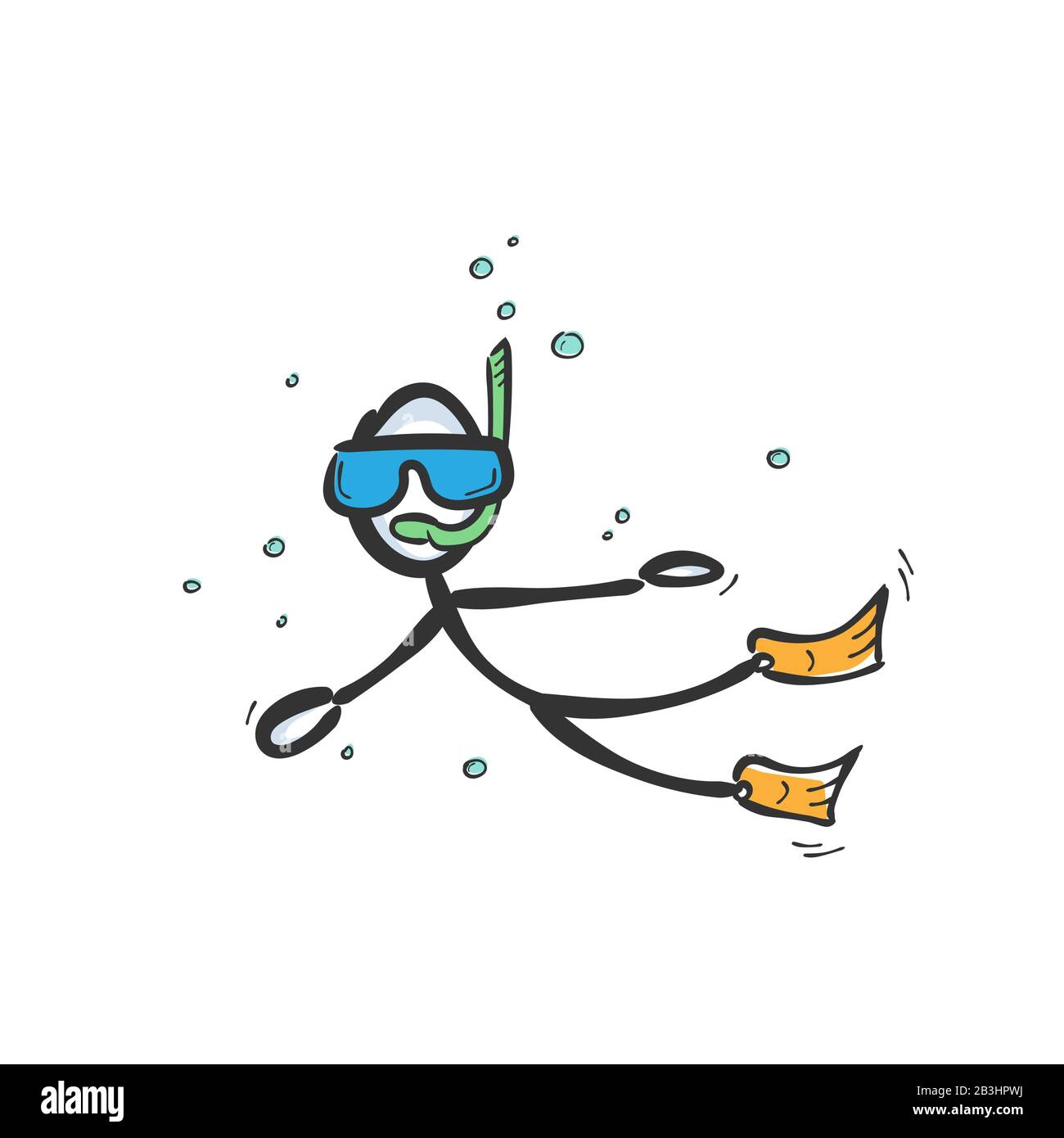 Immersioni in mare. Snorkeling sotto l'acqua. Disegnato a mano. Cartone animato Stickman. Schizzo barboncino, illustrazione grafica vettoriale Illustrazione Vettoriale