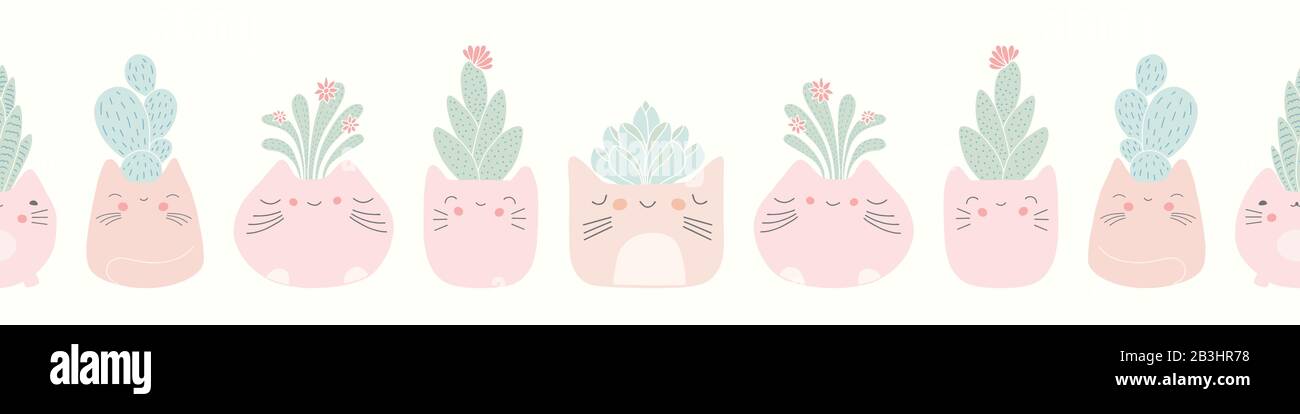 Kawaii gatto piante pentole con succulenti senza cuciture banner sfondo. Disegno di disegno di bordo di vettore cute. Illustrazione Vettoriale