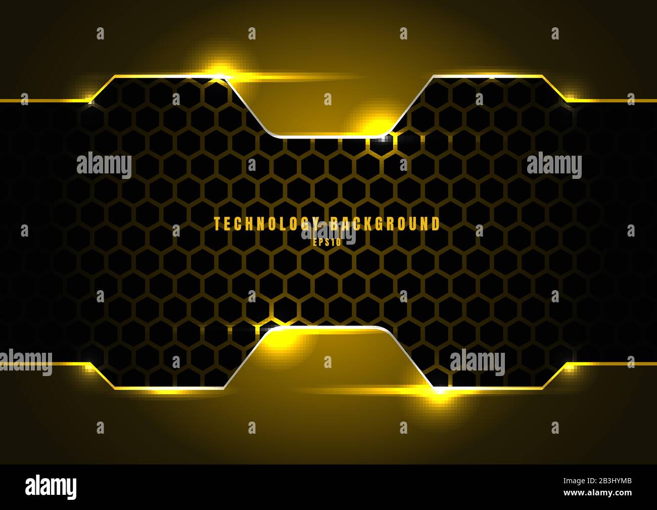 Cornice metallica astratta nera e gialla con illuminazione su esagoni texture pattern tecnologia innovazione concept background. Illustrazione del vettore Illustrazione Vettoriale