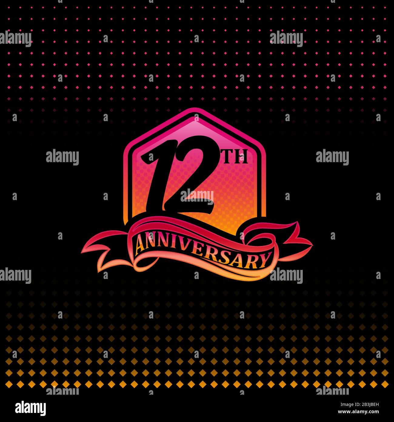 12th anniversario celebrazione logotipo rosa e giallo colorato. dodici anni di compleanno logo su sfondo nero. Illustrazione Vettoriale