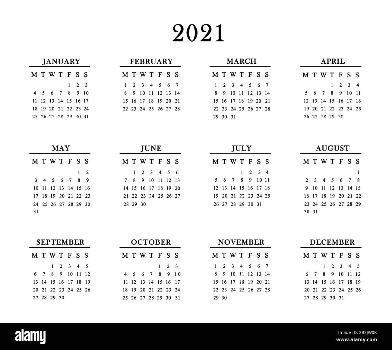 Calendario 2021 su sfondo bianco. Foto Stock