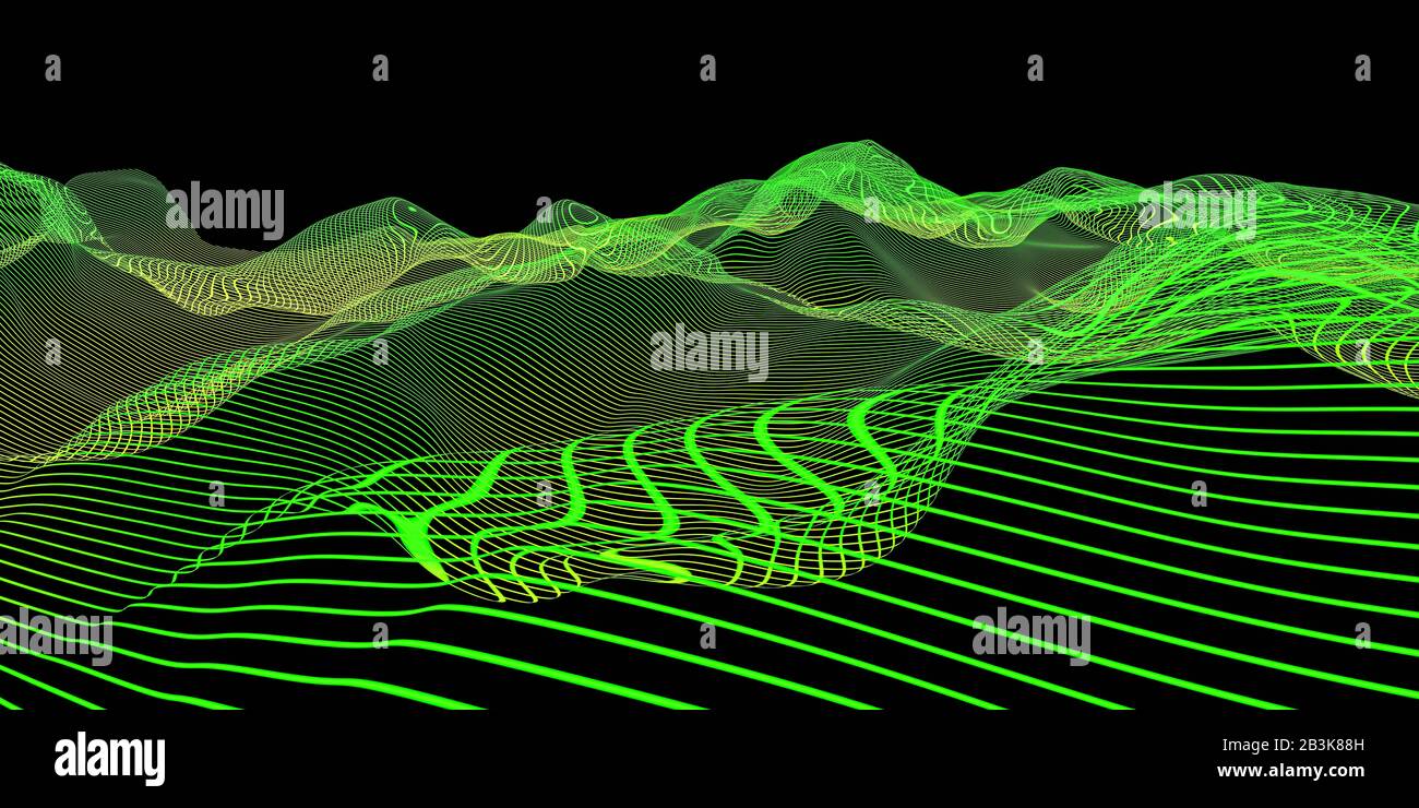Astratto moderno futuristico scienza tecnologia concetto di fondo. Onda digitale di filo verde incandescente cornice 3d rendere illustrazione Foto Stock