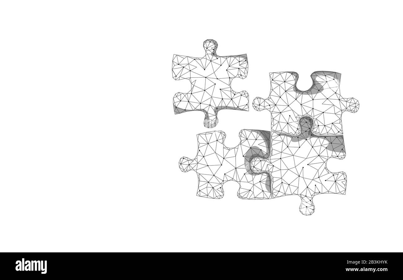 Pezzi di puzzle 3D riuniti insieme. Concetto di lavoro di squadra. Cooperazione per la soluzione di problemi di idea creativa. Bassa strategia di luce bianca poli partita parte gioco Illustrazione Vettoriale