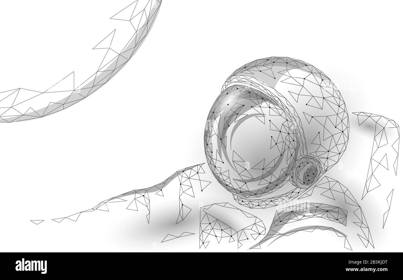 3D basso astronauta Poly nello spazio. Viaggio nello spazio esterno concetto di esplorazione lunare. Il pianeta COSMOS galleggia. Casco di sicurezza tecnologia poligonale Illustrazione Vettoriale