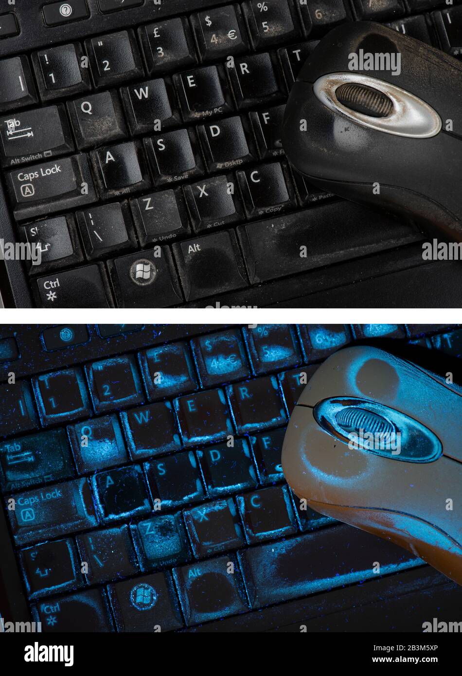 Sporco sulla tastiera e sul mouse del computer, in luce visibile e UV Foto Stock