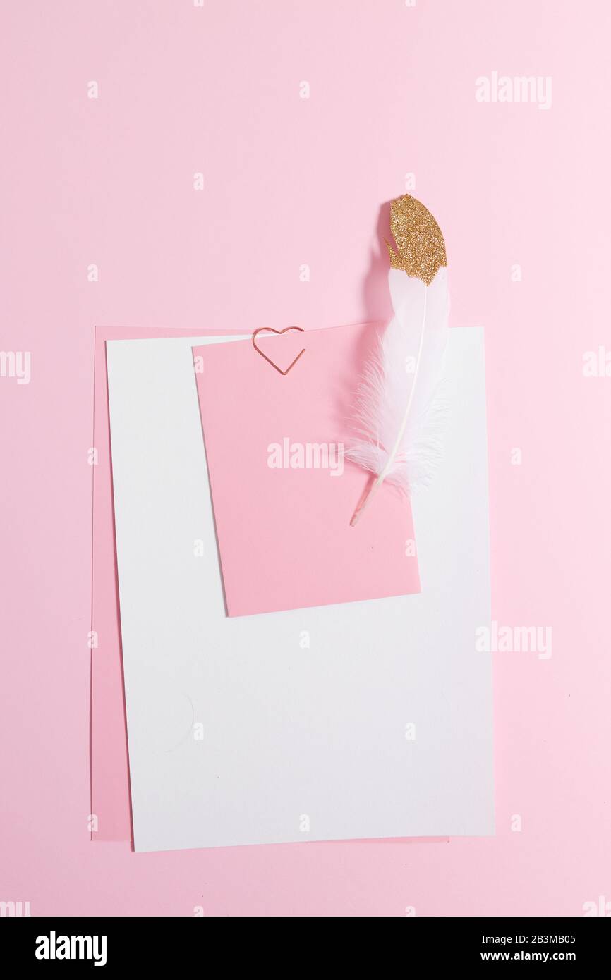 Modello vuoto per lettere romantiche su sfondo rosa. Piuma bianca con  placcatura in oro. Foto reale, piatto. Copiare lo spazio per il testo Foto  stock - Alamy