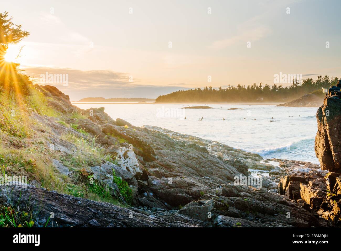 Tofino, Cox spiaggia baia al tramonto. Vancouver Island, British Columbia, Canada Foto Stock