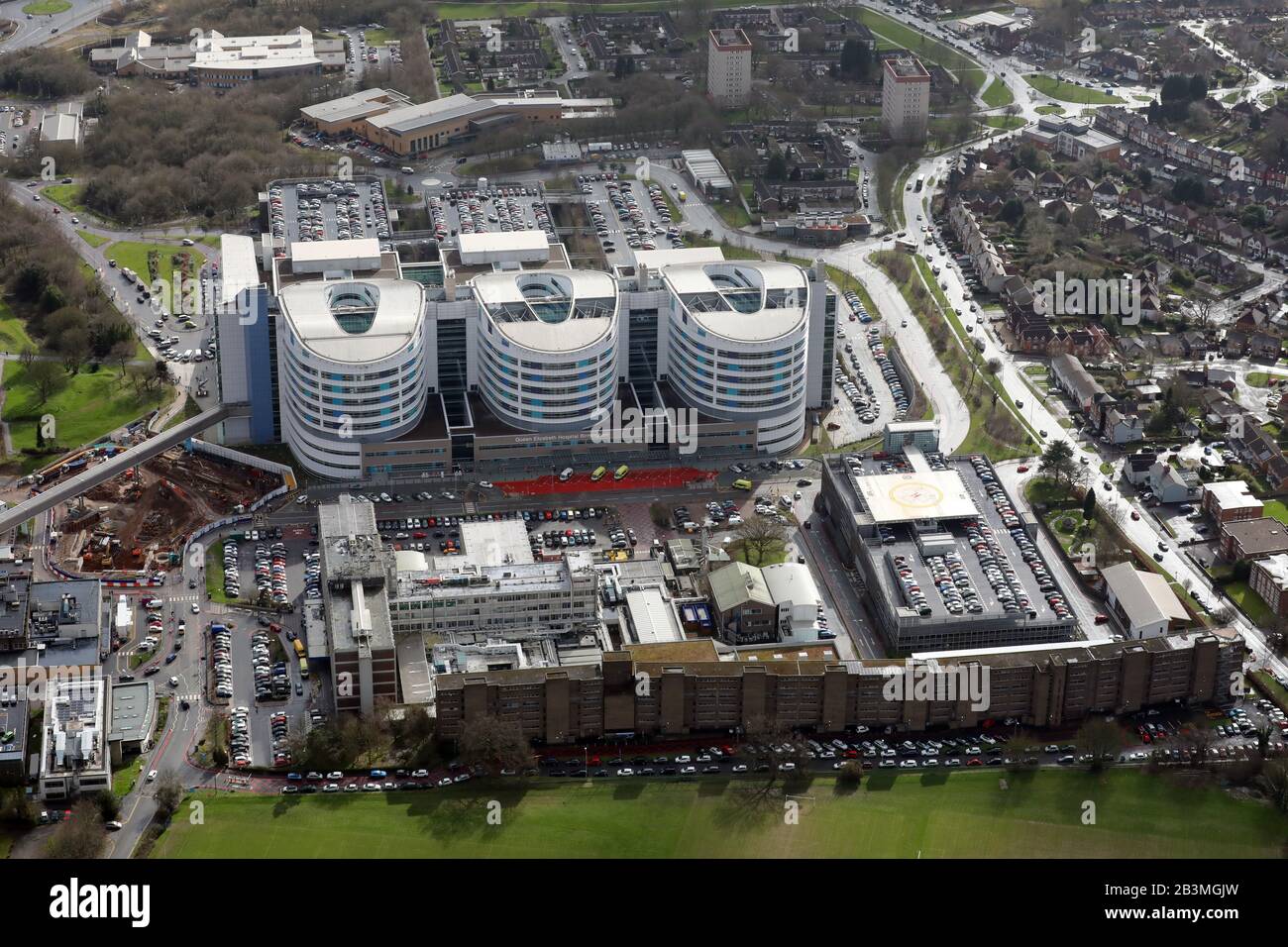 Veduta aerea del Queen Elizabeth Hospital di Birmingham Foto Stock