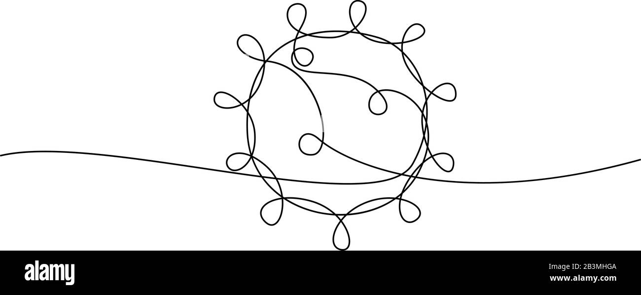 Simbolo linea continua COVID-19. Concetto Coronavirus, virus silhouette, corona iscrizione virus una singola linea su sfondo bianco, disegno linea, Illustrazione Vettoriale